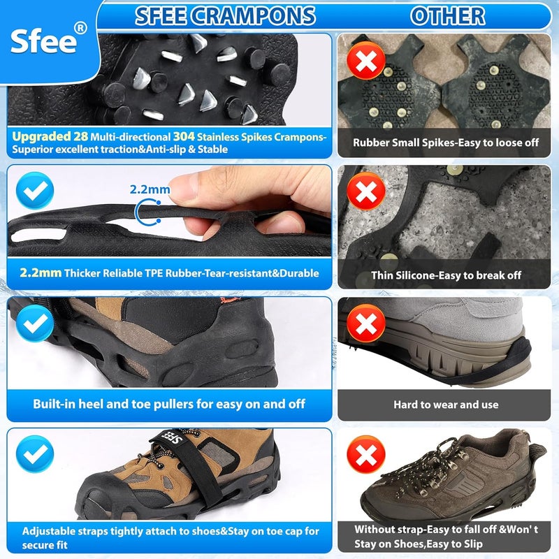 Sfee Crampons Ice Cleats for Shoes and Boots, 28 Steel Shoe Spikes Ultra-Grip Ice Cleats for Men Women Non-Slip Snow Traction Ice Grippers for Shoes and Boots for Walking, Hiking, Climbing, Fishing - Image 5